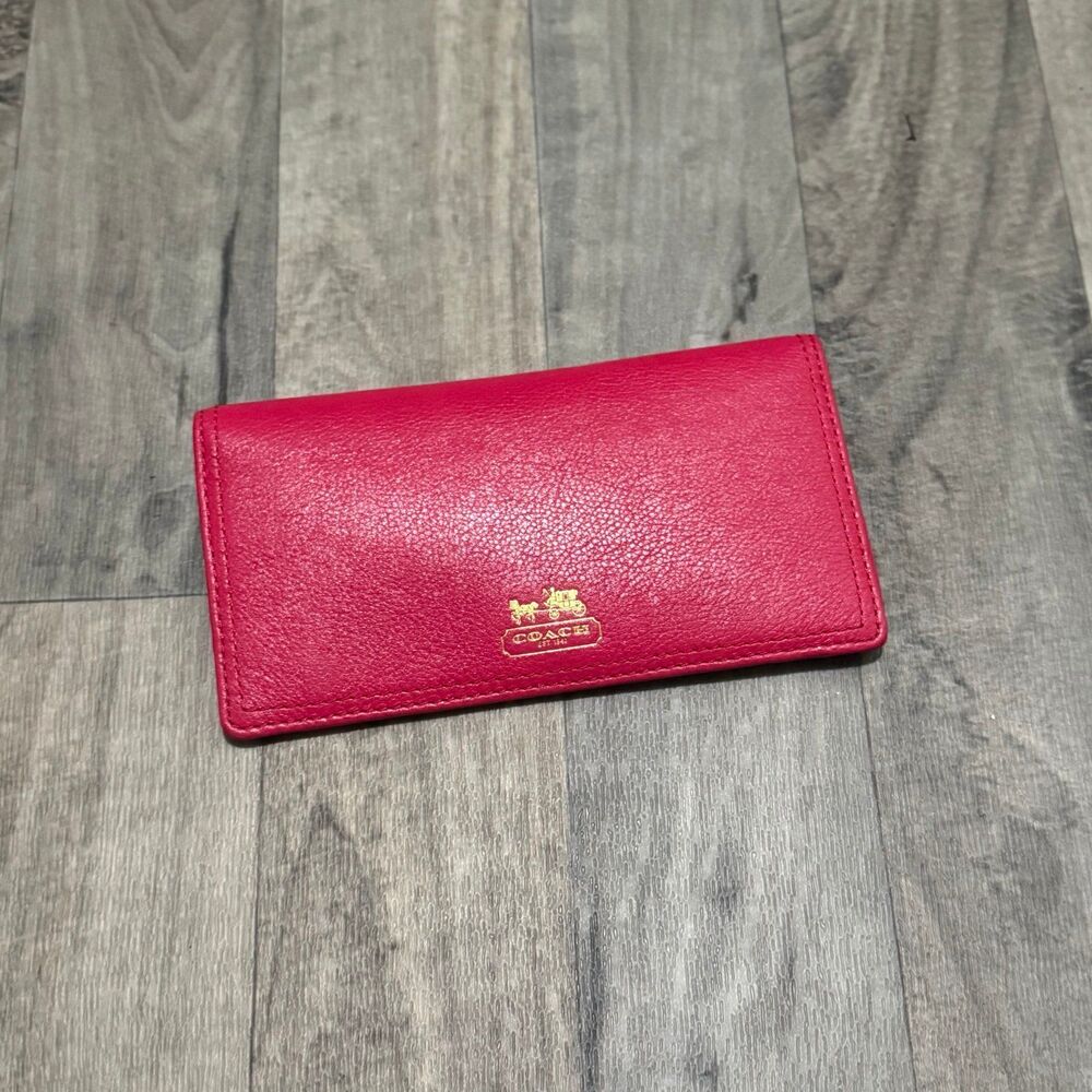 Vintage Coach Red Pebbled Leather Bifold Checkbook Wallet with Gold Logo